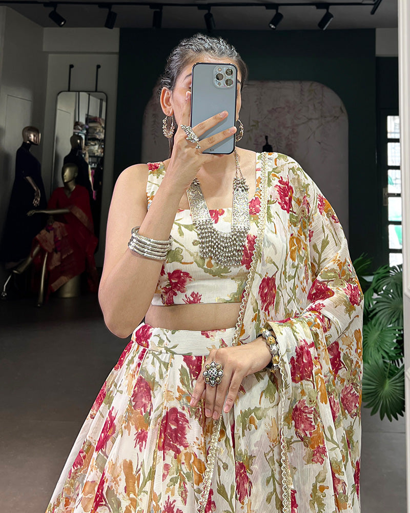 Radiant White Color Chiffon Digital Printed Lehenga Choli - ETHNICDEAL