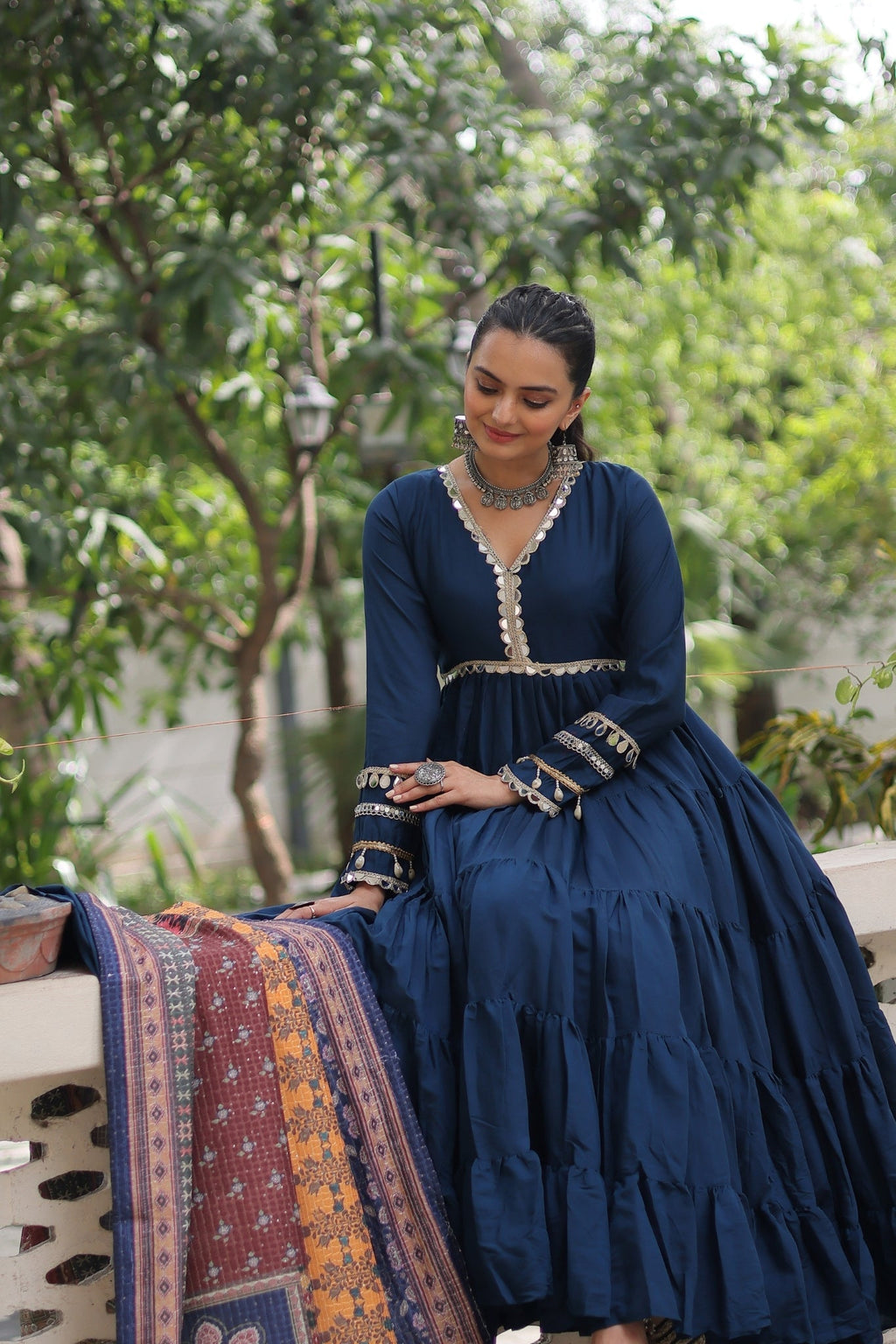 Beautiful Frill Stitching Designer Festival And Wedding Gown And Dupatta Set - ETHNICDEAL