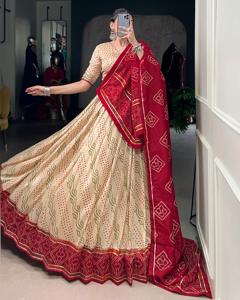 Off White Tussar Silk Bandhej Navratri Lehenga Choli with Designer Blouse - ETHNICDEAL