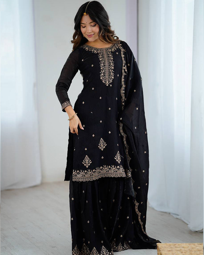 Black Color Crunchy Silk Sharara Suit - ETHNICDEAL