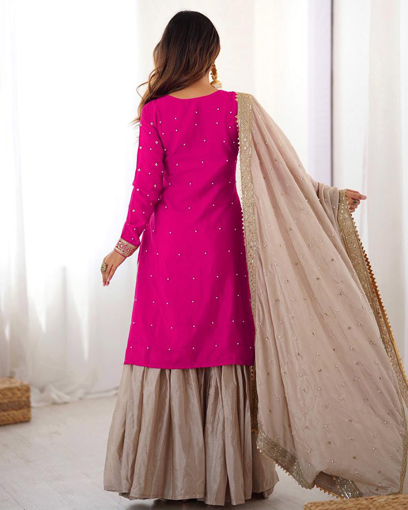 Pink Color Chinon Silk Embroidered Sharara Suit - ETHNICDEAL
