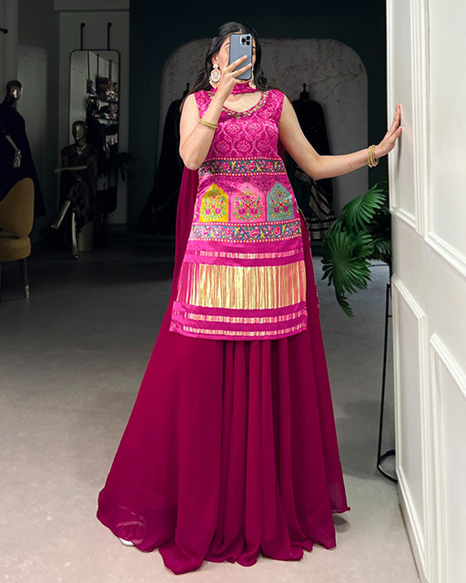 Pink Color Gaji Silk Three Piece Plazo Suit - ETHNICDEAL