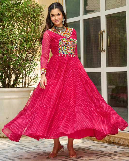 Vibrant Pink Kutchi Work Laheriya Printed Anarkali Gown - ETHNICDEAL
