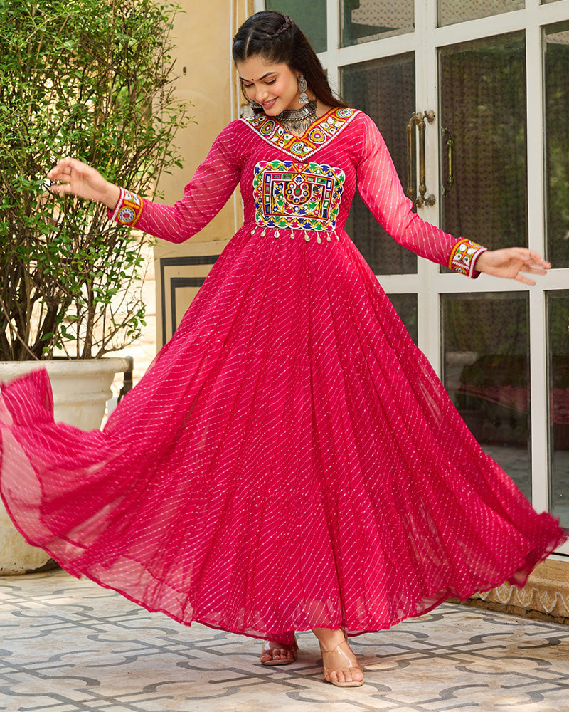 Vibrant Pink Kutchi Work Laheriya Printed Anarkali Gown - ETHNICDEAL