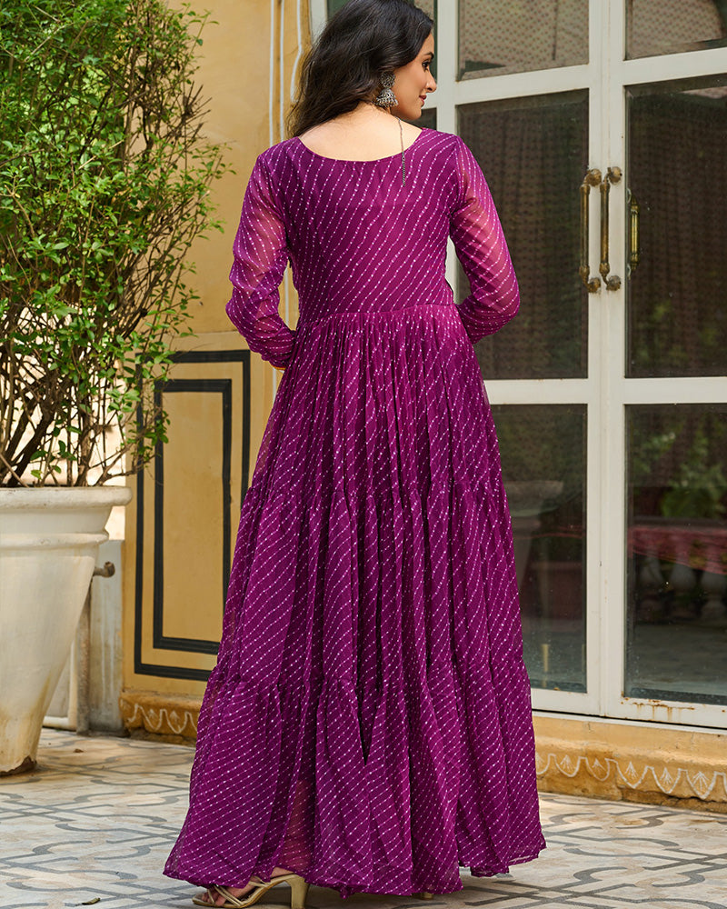 Vibrant WIne Kutchi Work Laheriya Printed Anarkali Gown - ETHNICDEAL