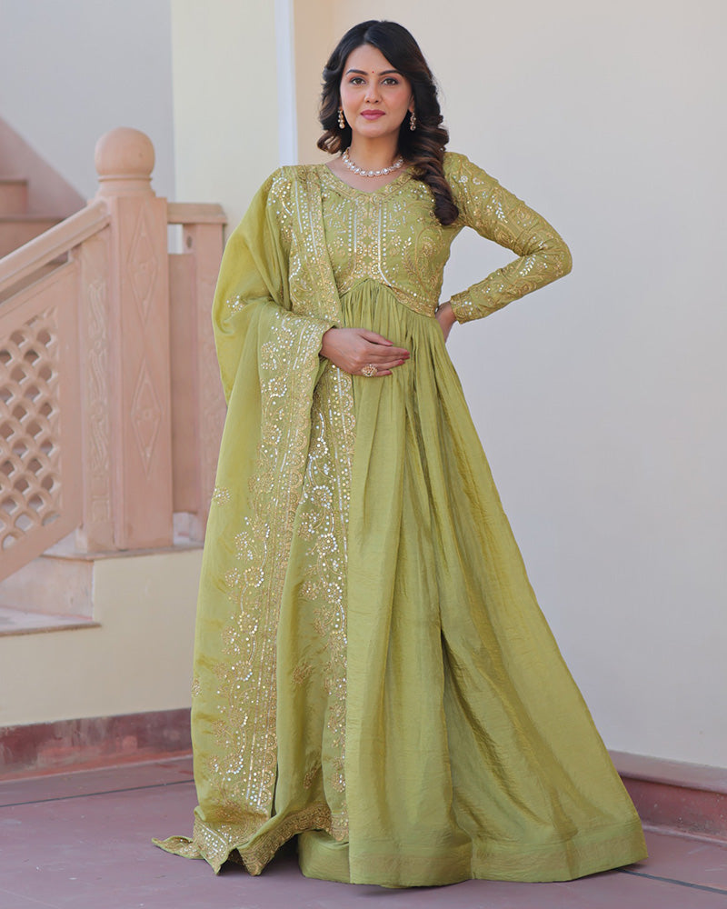 Parrot Green Color Gold Crush Embroidered Work Gown - ETHNICDEAL