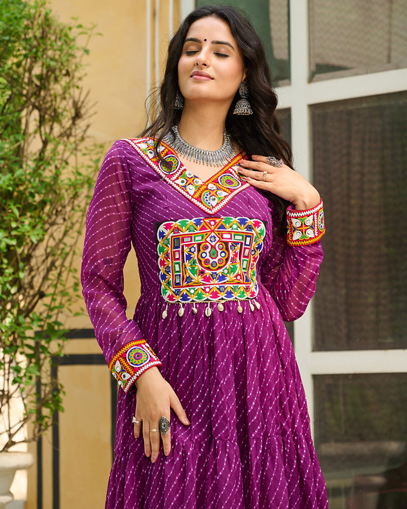 Vibrant WIne Kutchi Work Laheriya Printed Anarkali Gown - ETHNICDEAL