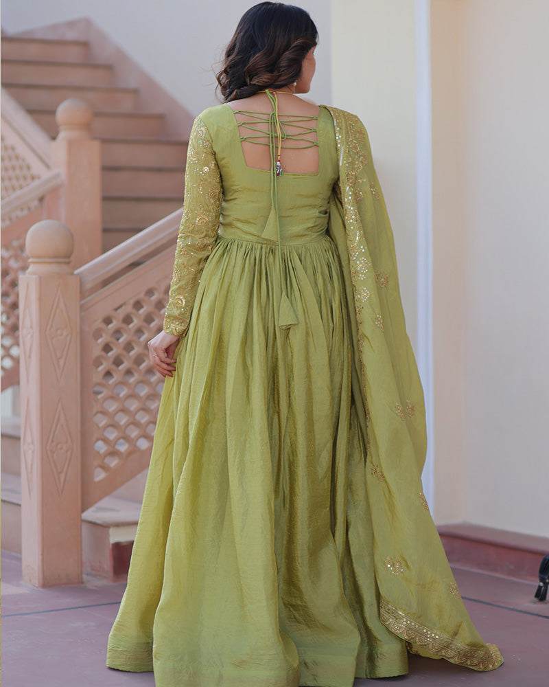 Parrot Green Color Gold Crush Embroidered Work Gown - ETHNICDEAL