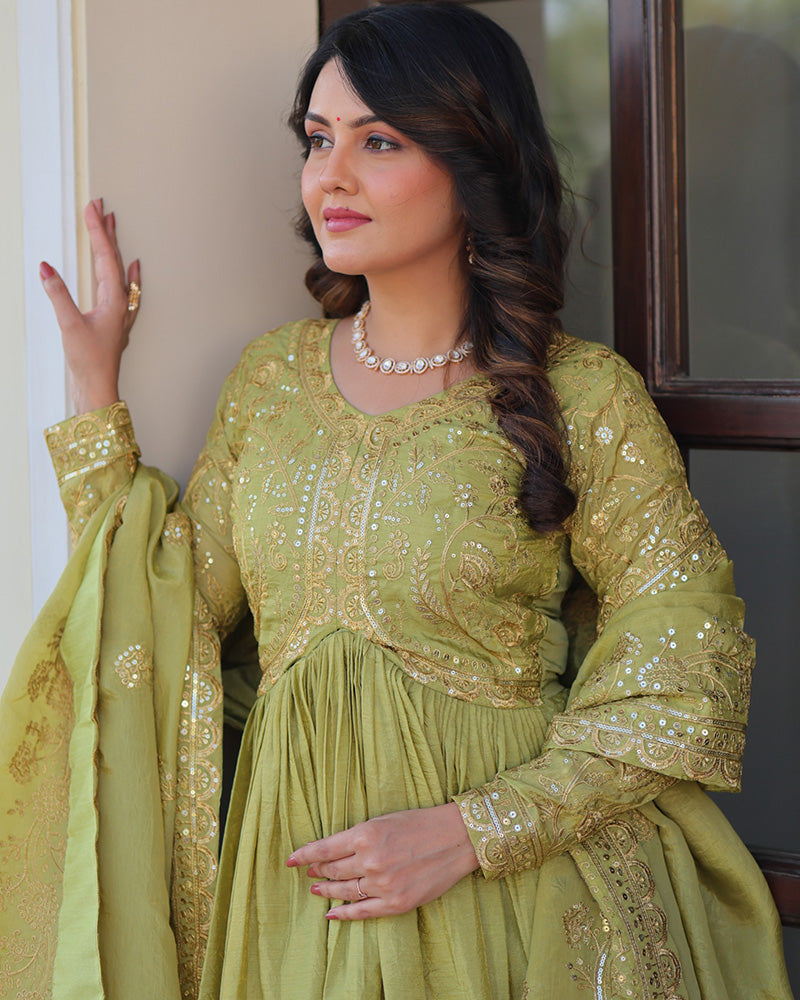 Parrot Green Color Gold Crush Embroidered Work Gown - ETHNICDEAL