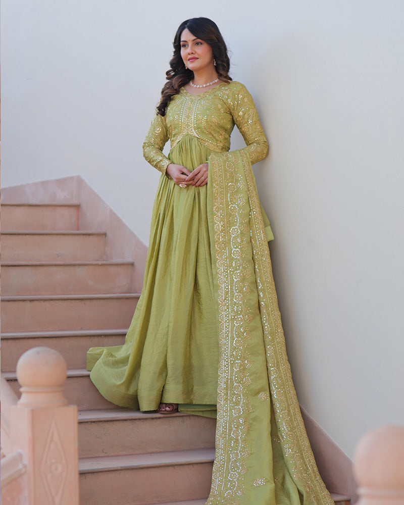 Parrot Green Color Gold Crush Embroidered Work Gown - ETHNICDEAL