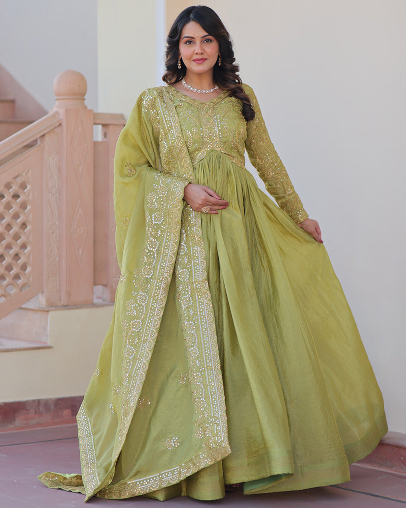 Parrot Green Color Gold Crush Embroidered Work Gown - ETHNICDEAL