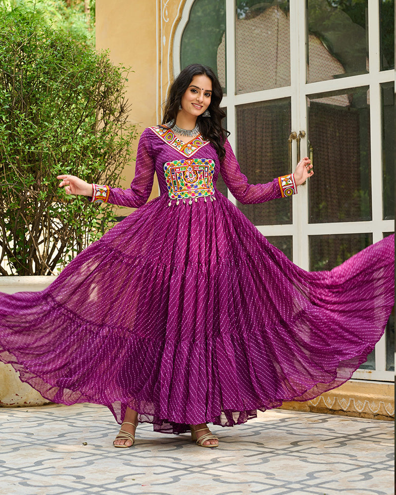 Vibrant WIne Kutchi Work Laheriya Printed Anarkali Gown - ETHNICDEAL