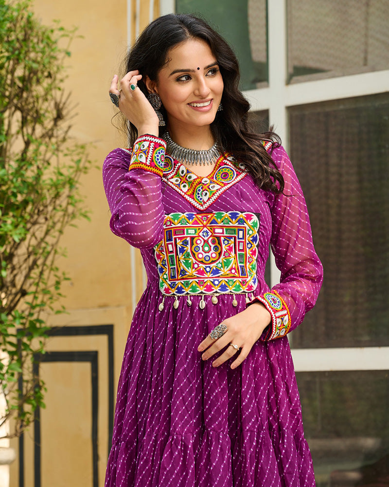 Vibrant WIne Kutchi Work Laheriya Printed Anarkali Gown - ETHNICDEAL