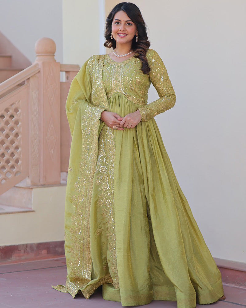 Parrot Green Color Gold Crush Embroidered Work Gown - ETHNICDEAL
