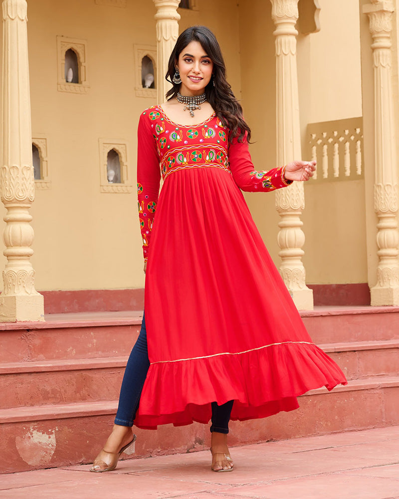 Designer Red Pure Rayon Embroidered Kurti for Navratri Festival - ETHNICDEAL