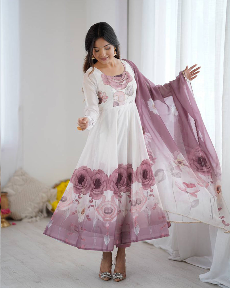 Floral Pure Soft Tebby Organza Three Piece Anarkali Suit - ETHNICDEAL
