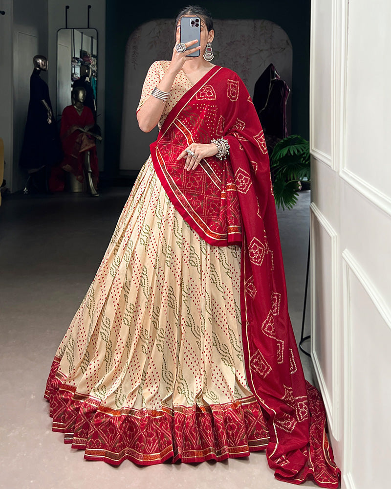 Off White Tussar Silk Bandhej Navratri Lehenga Choli with Designer Blouse - ETHNICDEAL