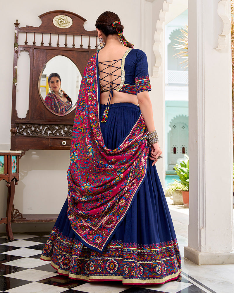 Navy Blue Color Tussar Silk Full Stitched Navratri Lehenga Choli - ETHNICDEAL