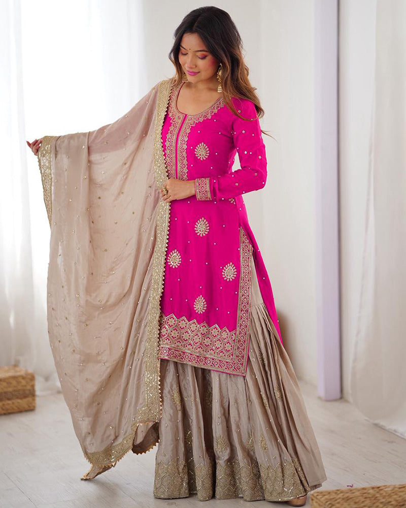 Pink Color Chinon Silk Embroidered Sharara Suit - ETHNICDEAL