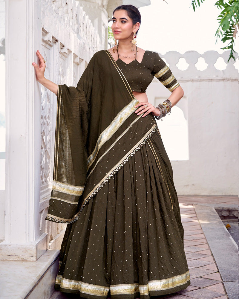 Designer Mehndi Pure Chanderi Lehenga Choli for Navratri Festival - ETHNICDEAL