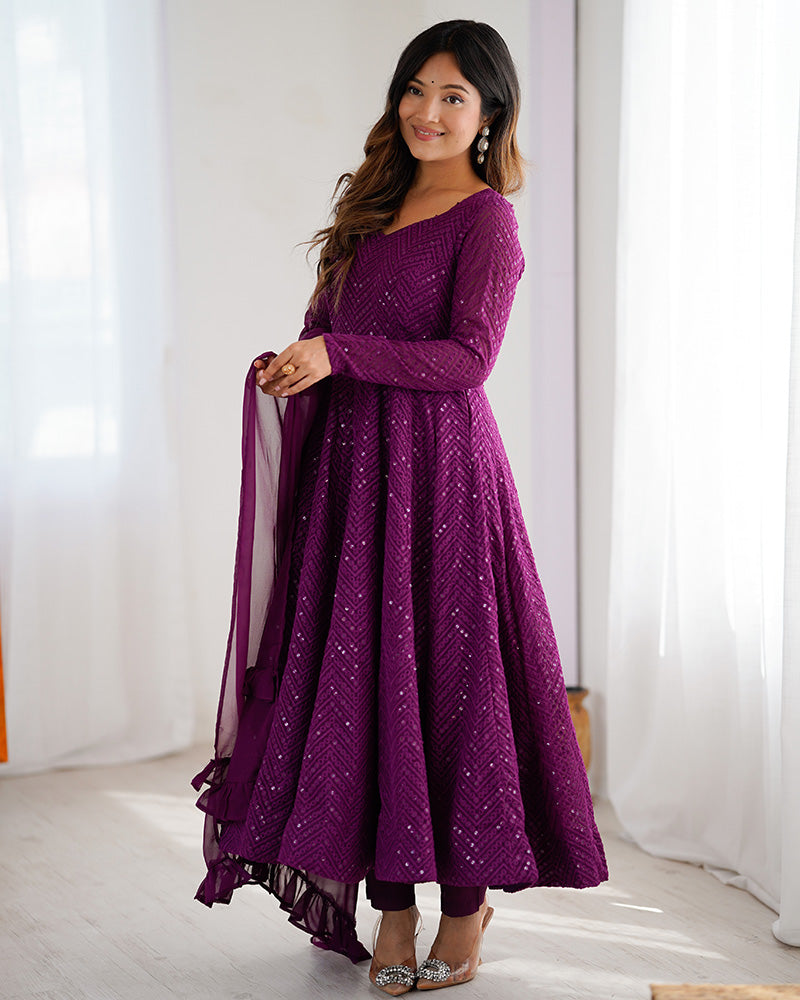 Wine Color Georgette Lucknowi Three Piece Anarkali Suit - ETHNICDEAL
