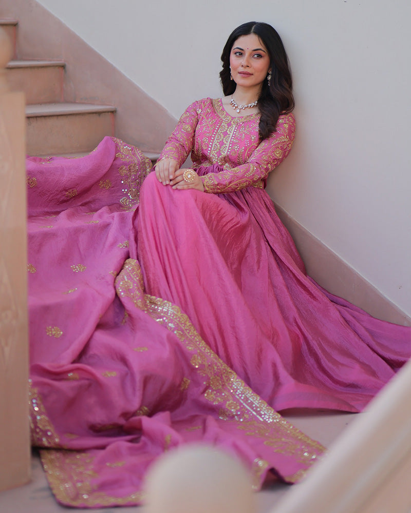 Pink Color Gold Crush Embroidered Work Gown - ETHNICDEAL
