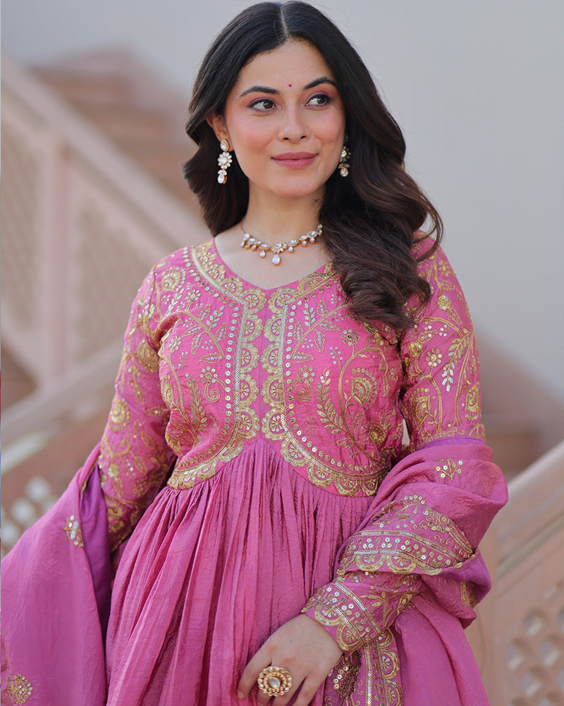 Pink Color Gold Crush Embroidered Work Gown - ETHNICDEAL