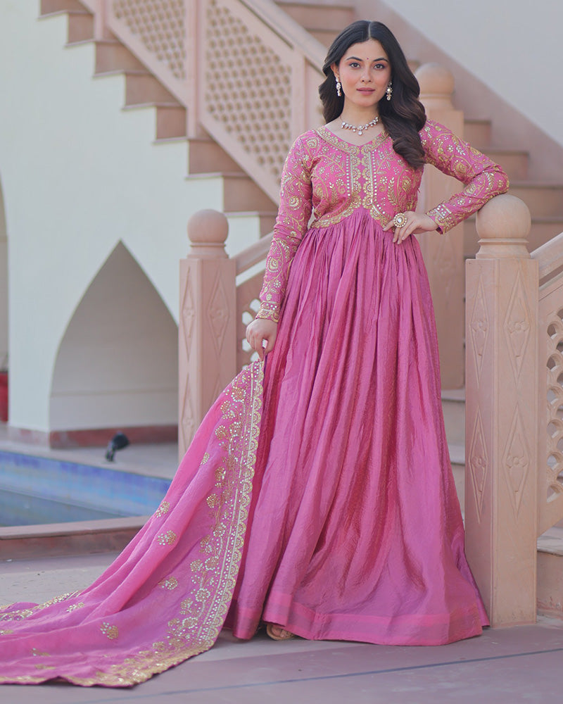 Pink Color Gold Crush Embroidered Work Gown - ETHNICDEAL