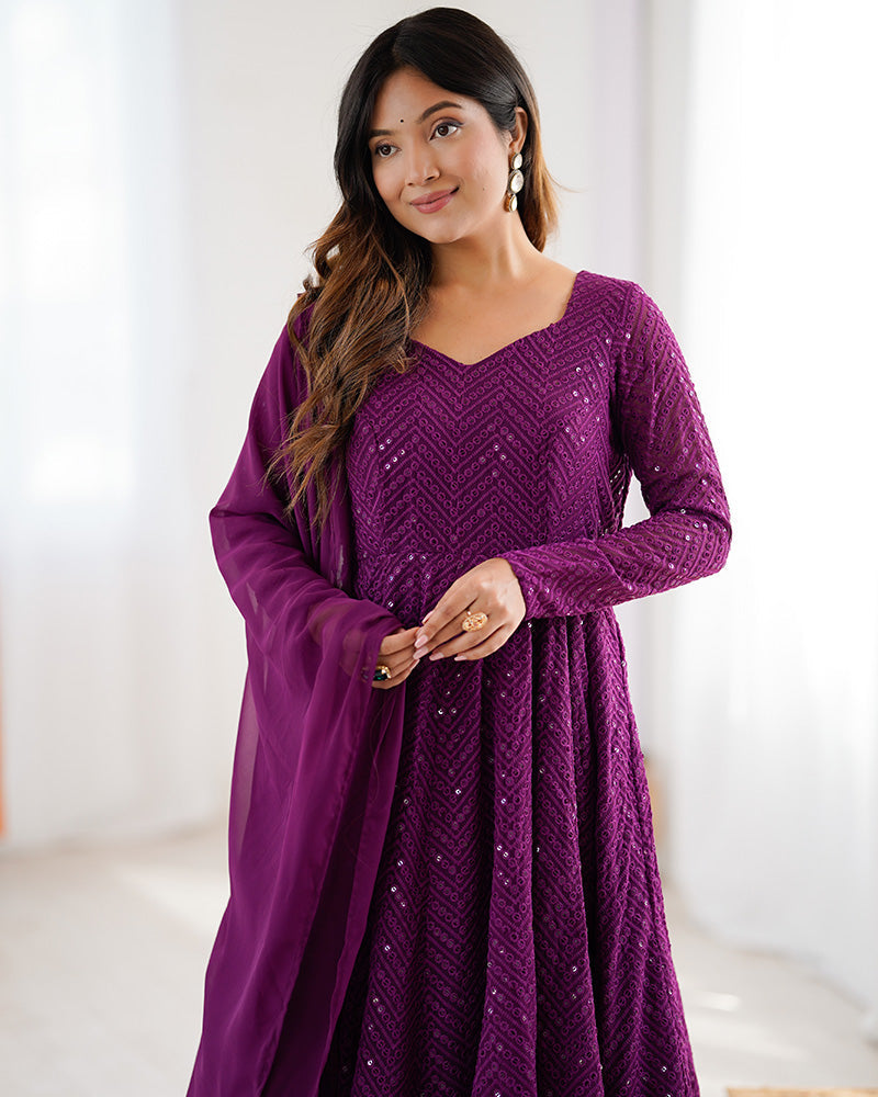 Wine Color Georgette Lucknowi Three Piece Anarkali Suit - ETHNICDEAL