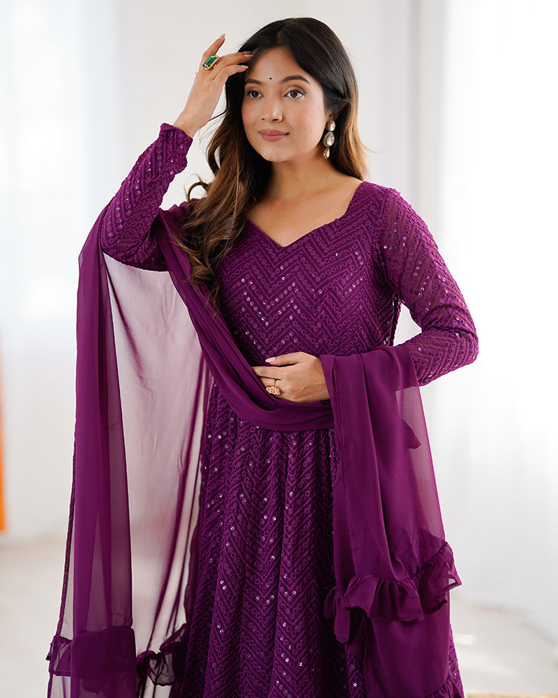 Wine Color Georgette Lucknowi Three Piece Anarkali Suit - ETHNICDEAL