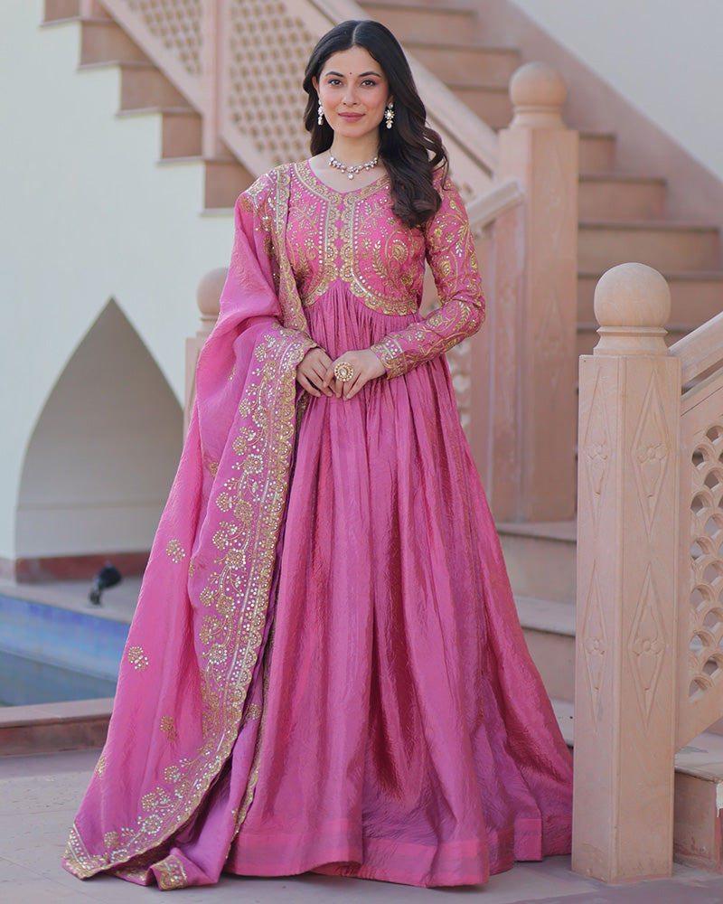 Pink Color Gold Crush Embroidered Work Gown - ETHNICDEAL