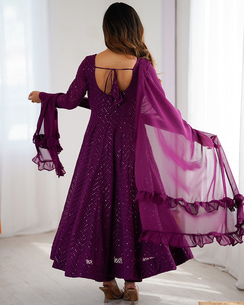 Wine Color Georgette Lucknowi Three Piece Anarkali Suit - ETHNICDEAL