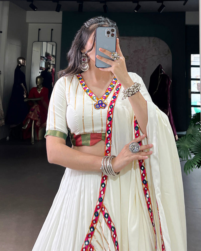 White Pure Rayon Navratri Lehenga Choli with Stylish Design - ETHNICDEAL