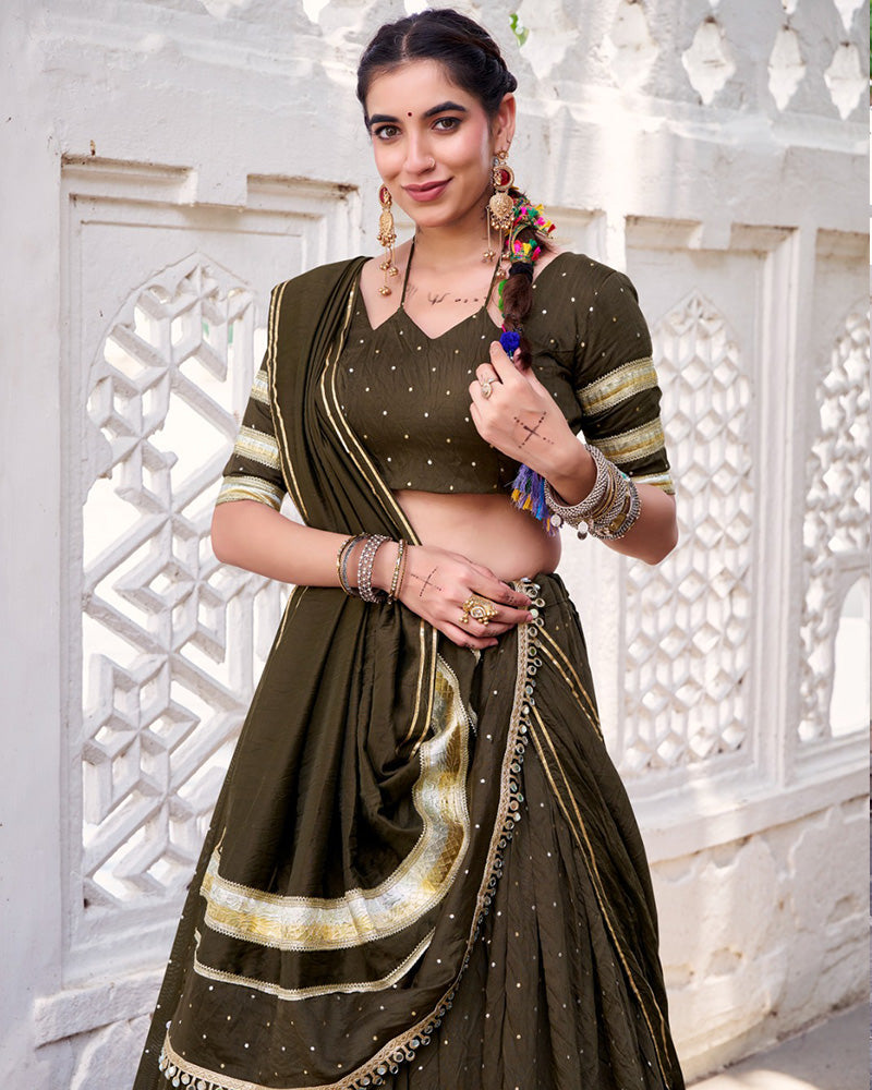 Designer Mehndi Pure Chanderi Lehenga Choli for Navratri Festival - ETHNICDEAL