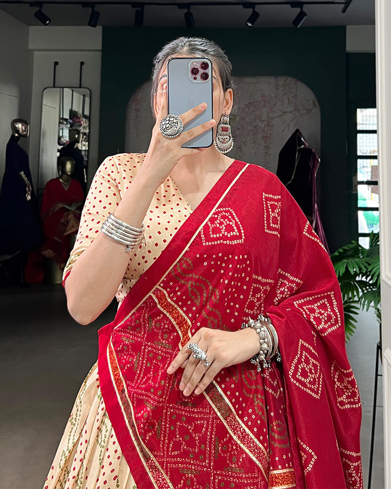 Off White Tussar Silk Bandhej Navratri Lehenga Choli with Designer Blouse - ETHNICDEAL