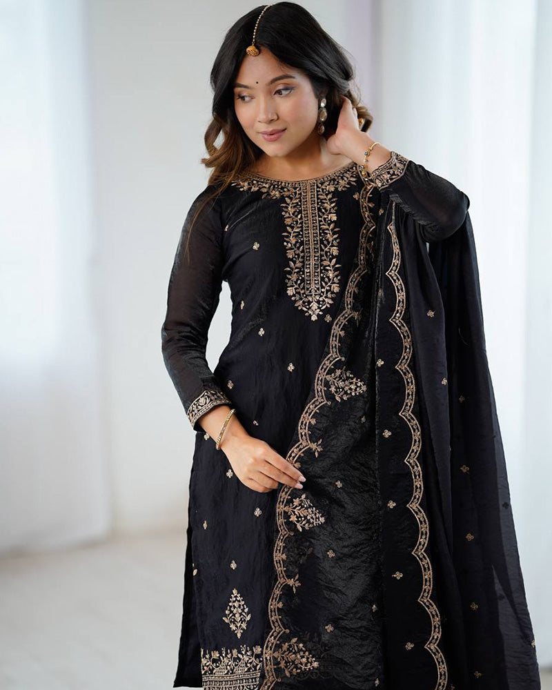 Black Color Crunchy Silk Sharara Suit - ETHNICDEAL