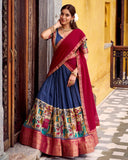 Navy Blue Color Poly Chanderi Printed Lehenga Choli - ETHNICDEAL
