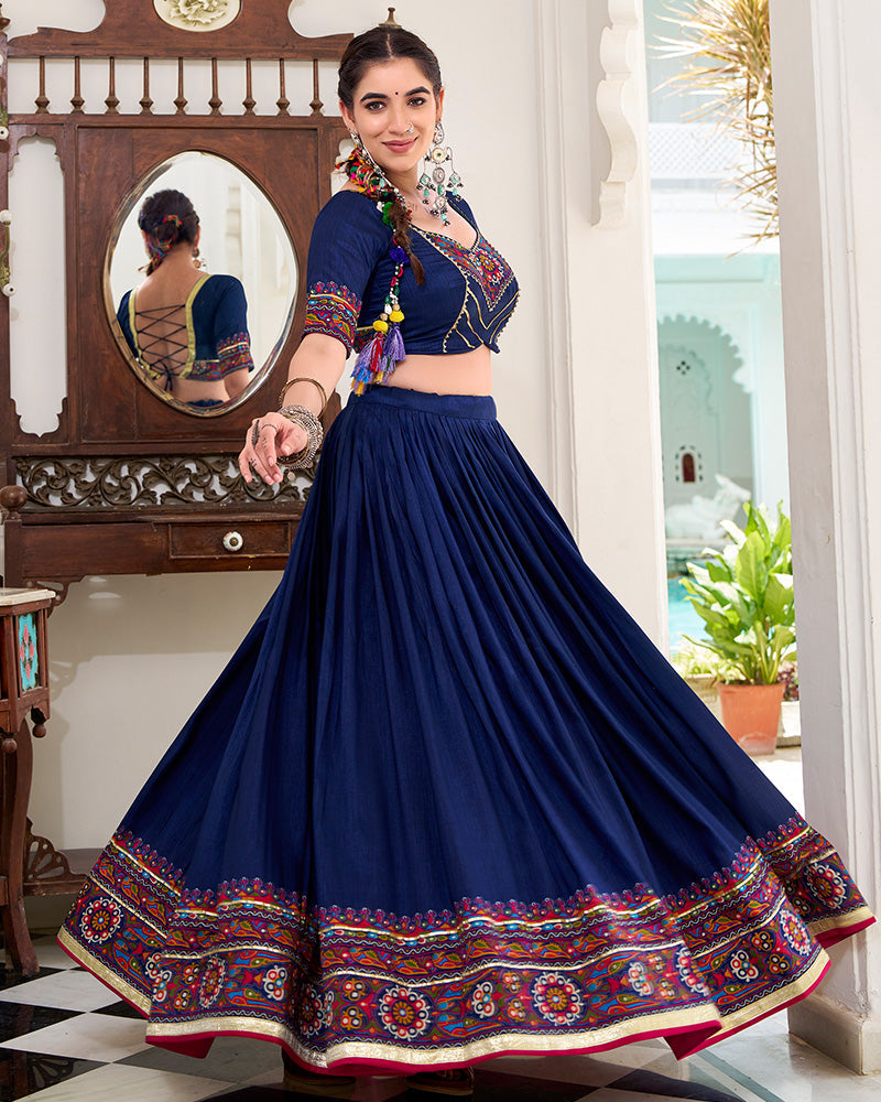 Navy Blue Color Tussar Silk Full Stitched Navratri Lehenga Choli - ETHNICDEAL