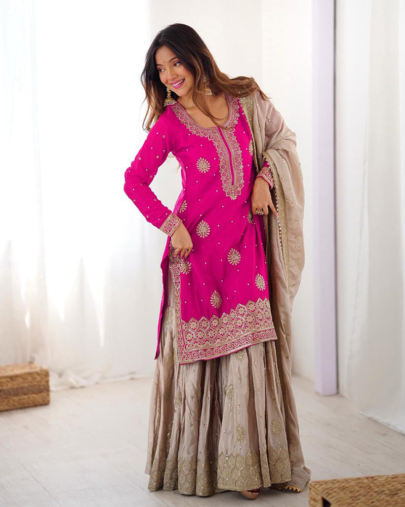 Pink Color Chinon Silk Embroidered Sharara Suit - ETHNICDEAL