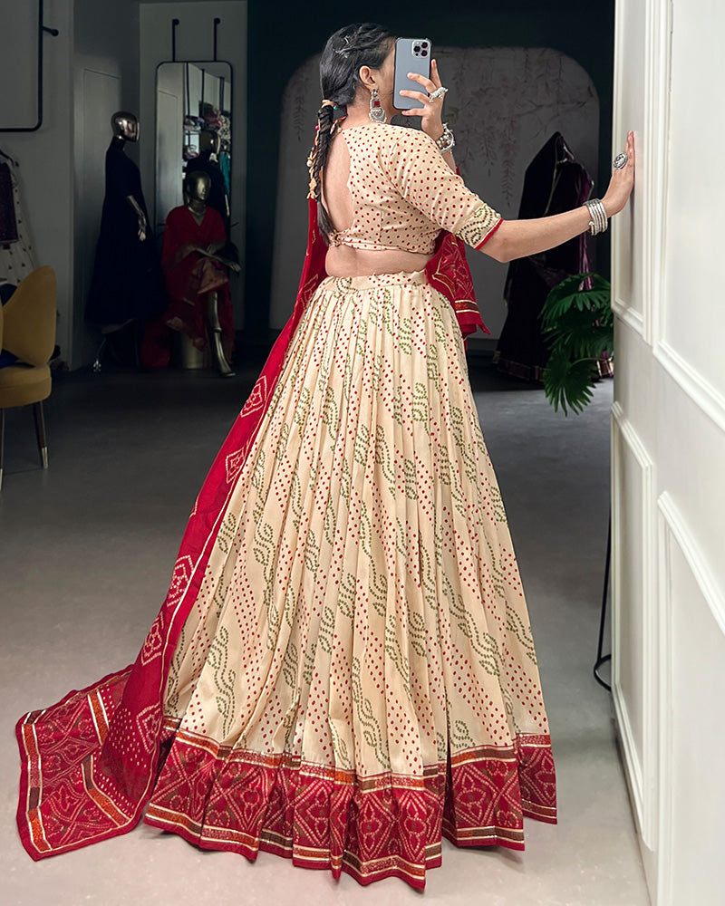 Off White Tussar Silk Bandhej Navratri Lehenga Choli with Designer Blouse - ETHNICDEAL