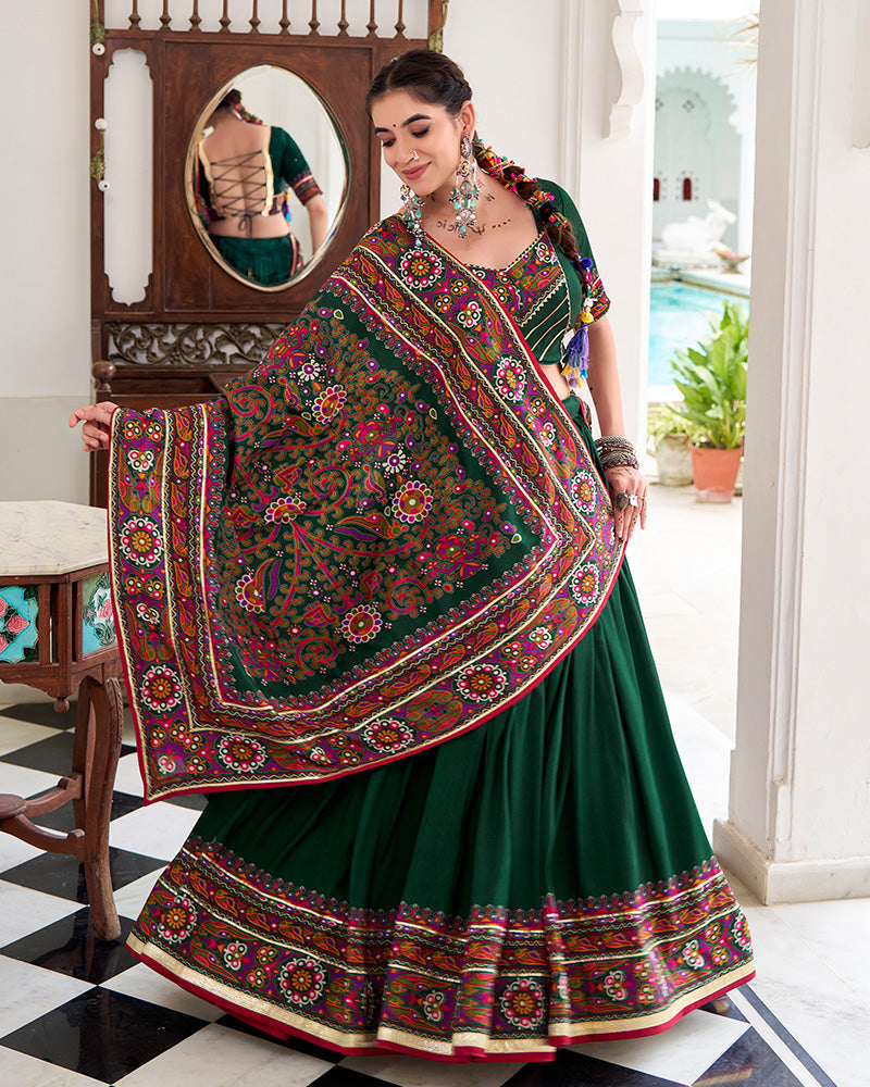 Green Color Tussar Silk Full Stitched Navratri Lehenga Choli - ETHNICDEAL