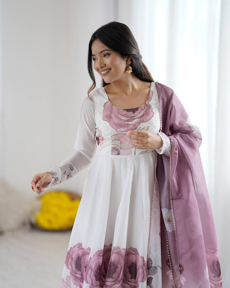 Floral Pure Soft Tebby Organza Three Piece Anarkali Suit - ETHNICDEAL