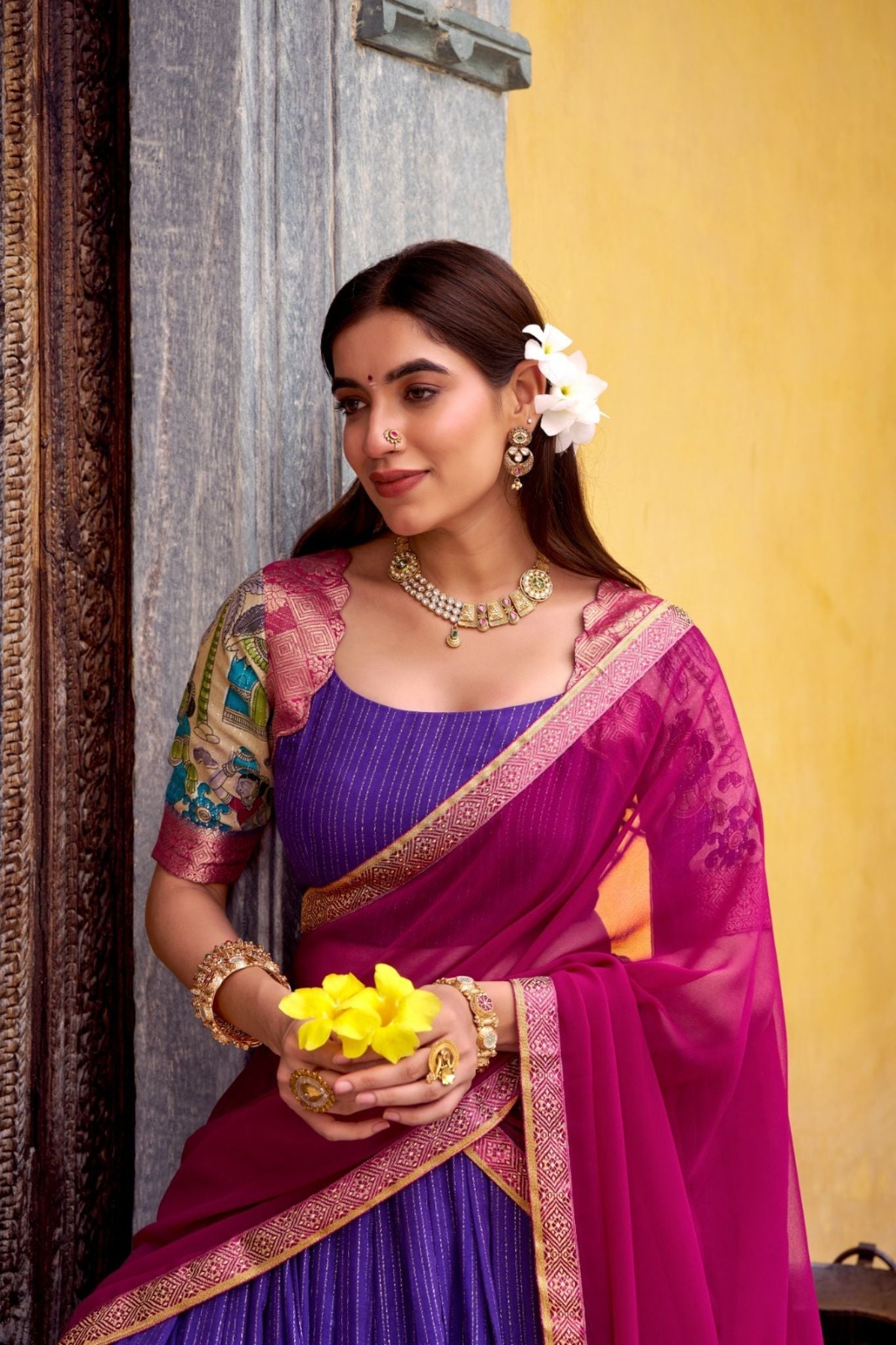 Poly Chanderi Kalamkari Printed Zari Weaving Work Premium Lehenga Choli - ETHNICDEAL