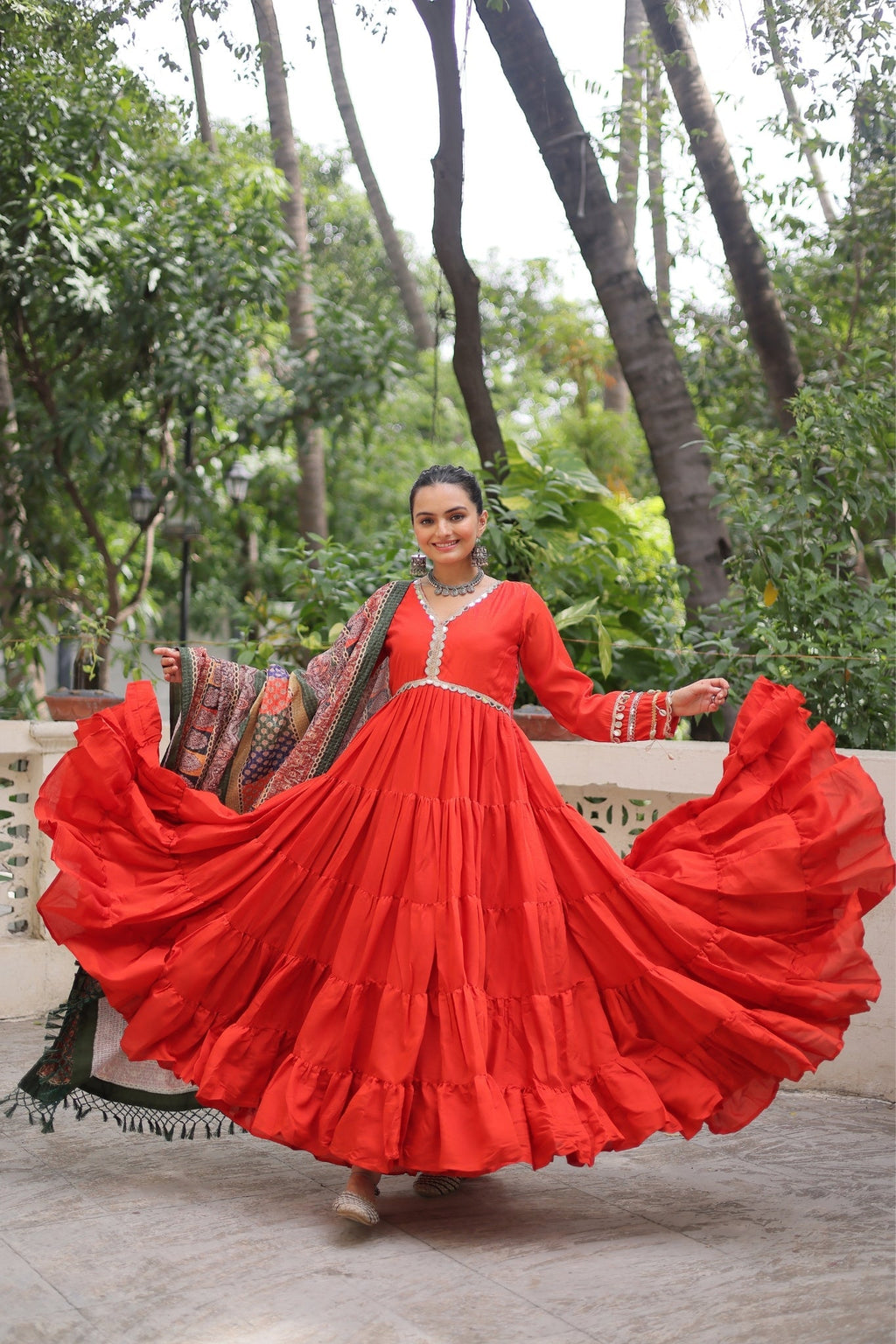 Beautiful Frill Stitching Designer Festival And Wedding Gown And Dupatta Set - ETHNICDEAL