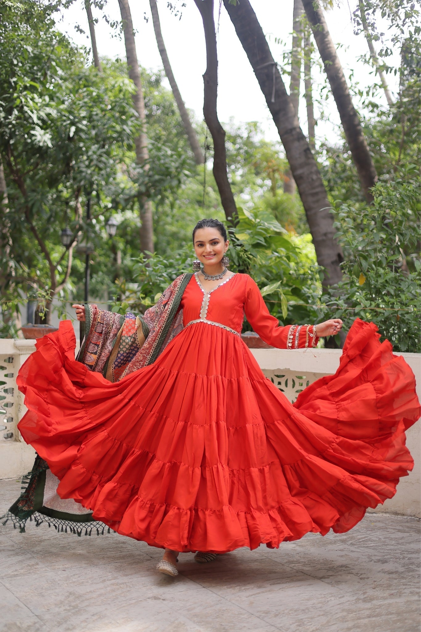 Beautiful Frill Stitching Designer Festival And Wedding Gown And Dupatta Set - ETHNICDEAL