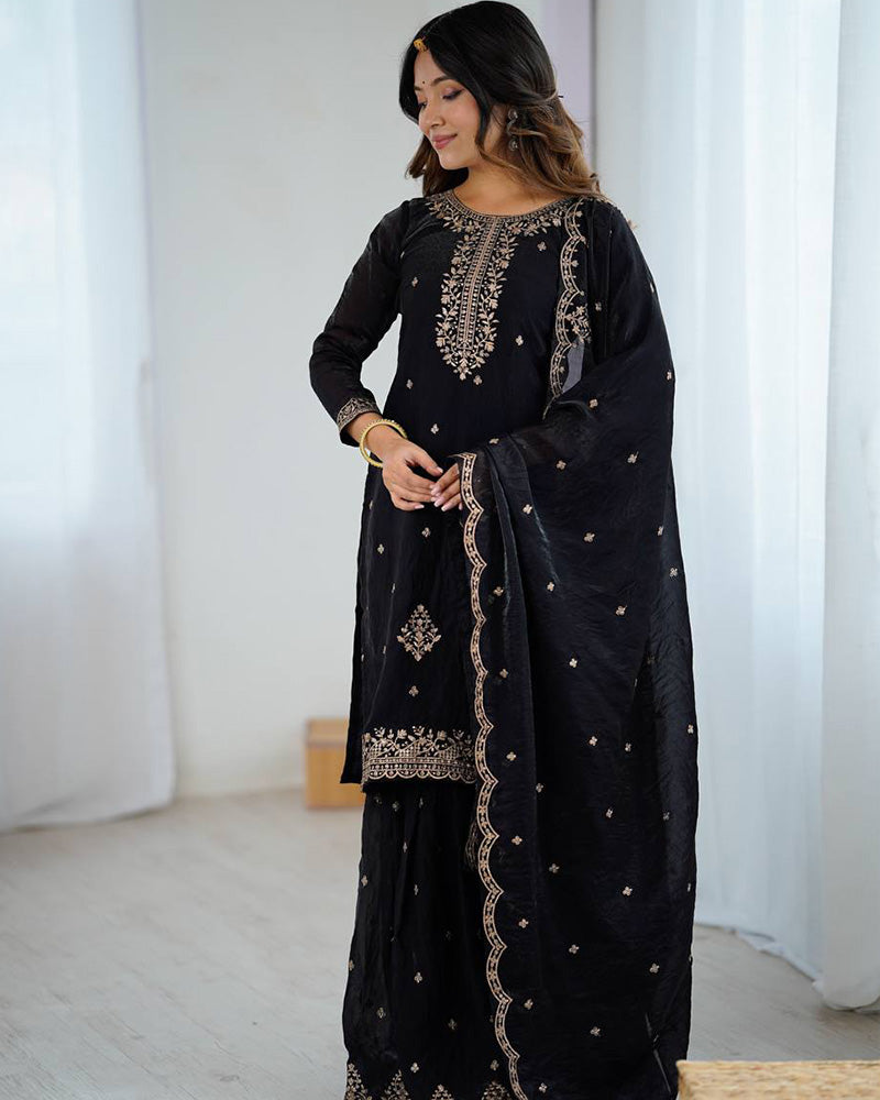 Black Color Crunchy Silk Sharara Suit - ETHNICDEAL
