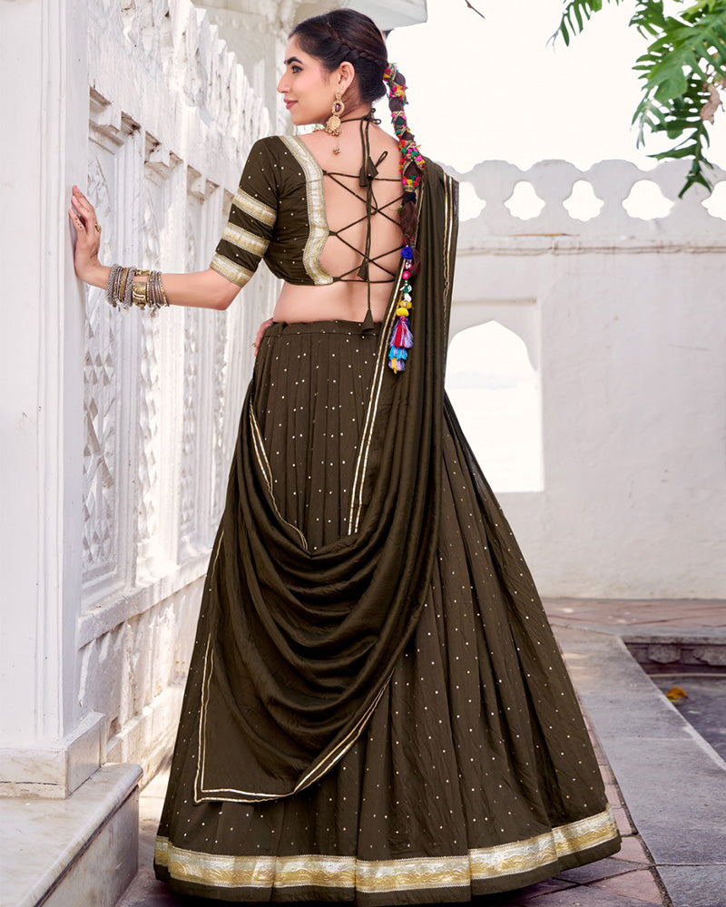 Designer Mehndi Pure Chanderi Lehenga Choli for Navratri Festival - ETHNICDEAL