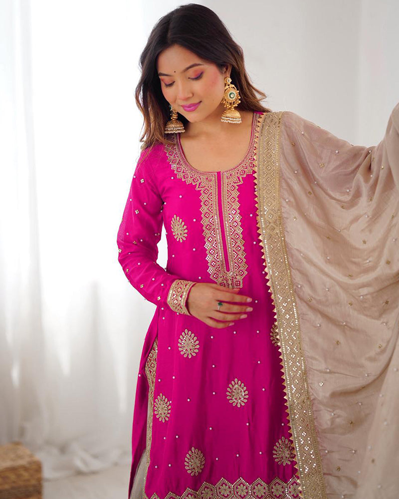 Pink Color Chinon Silk Embroidered Sharara Suit - ETHNICDEAL