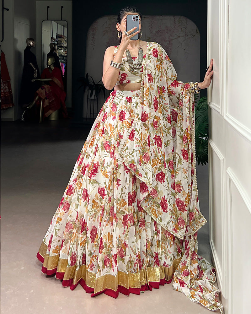 Radiant White Color Chiffon Digital Printed Lehenga Choli - ETHNICDEAL