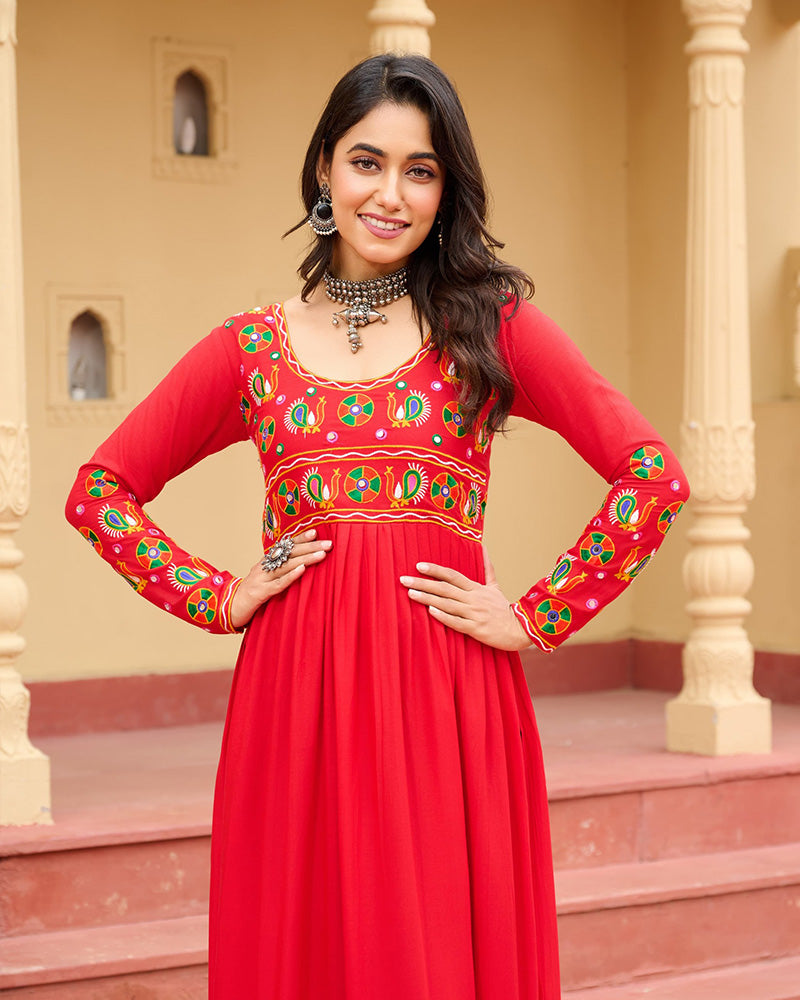 Designer Red Pure Rayon Embroidered Kurti for Navratri Festival - ETHNICDEAL